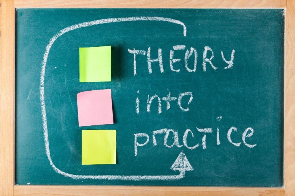 theory into practice written on green chalkboard used in sports for drawing out sports plays for the team. 
